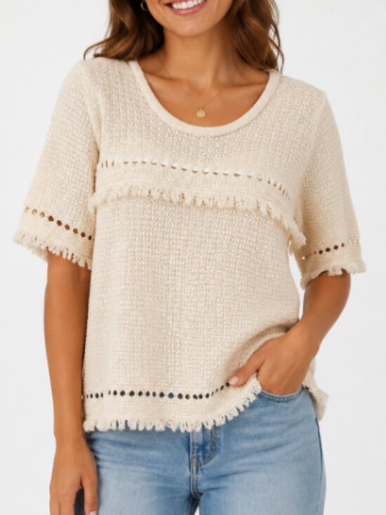 J. Crew Sweaters - J. Crew Cream Fringe Short-Sleeve Knit Sweater Sz XL Boho Retro Western Knit